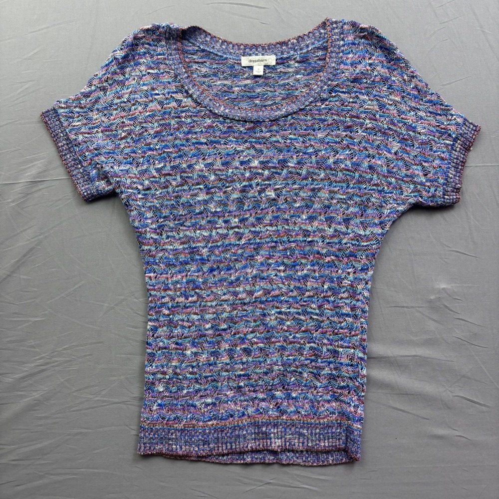 Dressbarn Multi Color Space Dye Knit Sweater Top Blue Purple Pink Short Sleeve S
